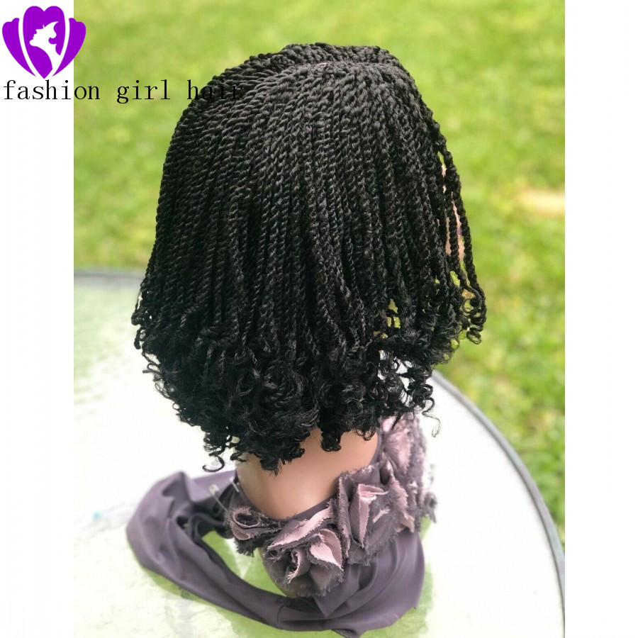 Middle part full density 14inche Short Bob Synthetic Lace Front braids Wigs for africa women Crochet braided kinkyTwist Wig with curly tips