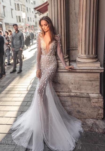 Dimitrius Dalia 2019 Mermaid Wedding Dresses V Neck Lace Bridal Gowns Long Sleeves Illusion Beach wedding dress Custom