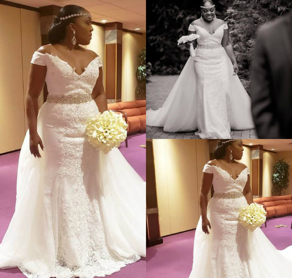 Plus Size Wedding Dresses with Detachable Train Off The Shoulder Lace Appliqued Luxury Mermaid Wedding Dress Sweep Train Beach Bridal Gowns