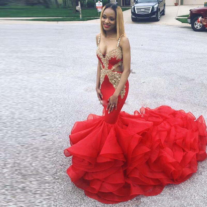Sexy Red Mermaid Prom Dresses With Gold Appliques Bead Ruffles Skirts Formal Evening Gown Court Train Backless Cocktail Party Dress