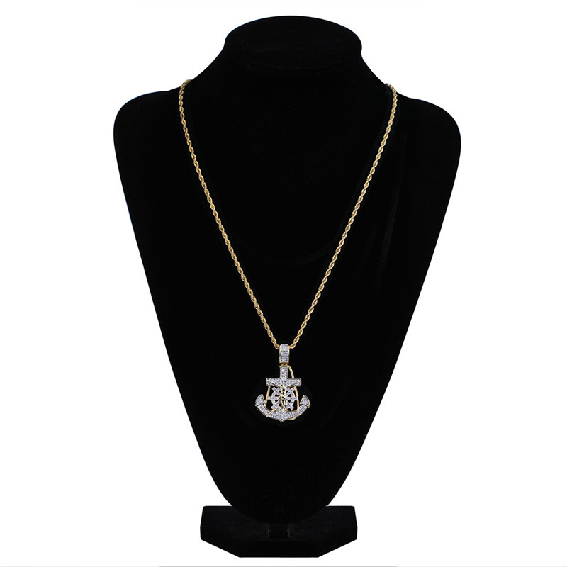 New Arrived 18K Gold Plated Anchor Necklace Pendant with 4MM Tennis Chain Rope Chain Iced Out Full Zircon Mens Jewelry