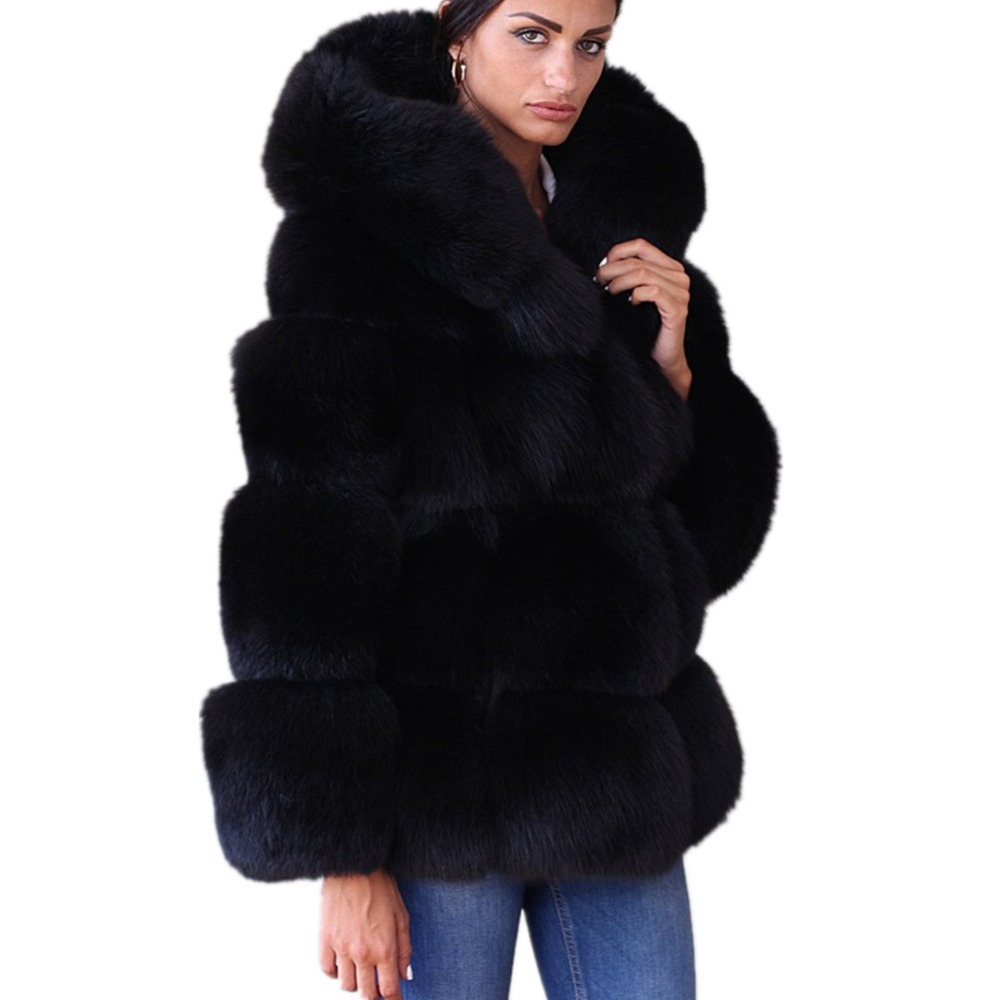Women's Faux Fur Winter Coat Jacket Long Sleeve V-Neck Warm Outwear With Hood Black B3