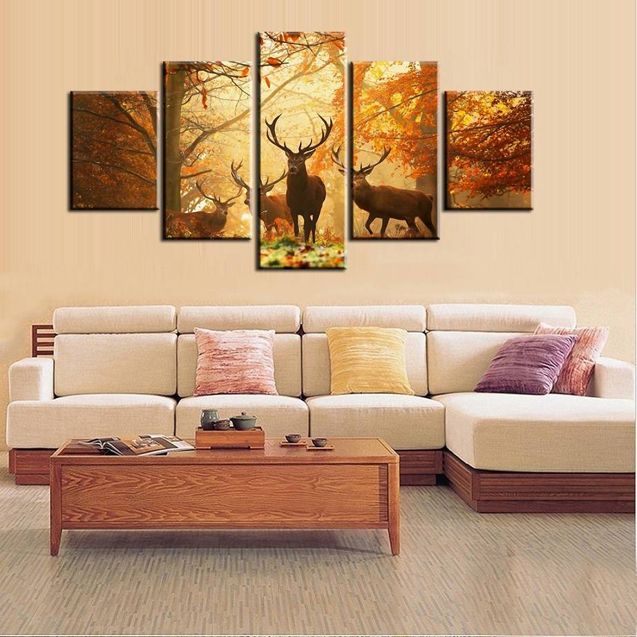 5pcs/set Sunset Golden Deer Wall Art Oil Painting On Canvas (No Frame) Animal Impressionist Paintings Picture Living Room Decor
