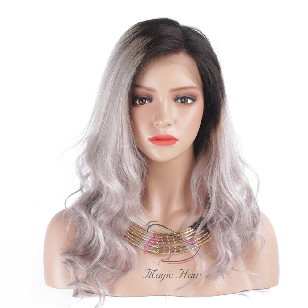 Full Lace Human Hair Wigs Lace Front Human Hair Wig Ombre T1b/grey# Color Wavy Side Part 130% Density Wig