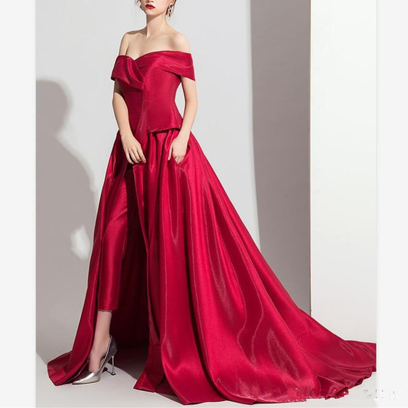 Dark Red 2020 Jumpsuits Prom Dresses Off The Shoulder Evening Gowns One Shoulder Women Formal Pants Party Dress