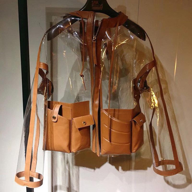 DEAT Brown Long-sleeved Hooded Large Pocket Short Transparent Leather Jacket Woman Casual Simple Fashion 2019 Autumn New TV813 CJ191216