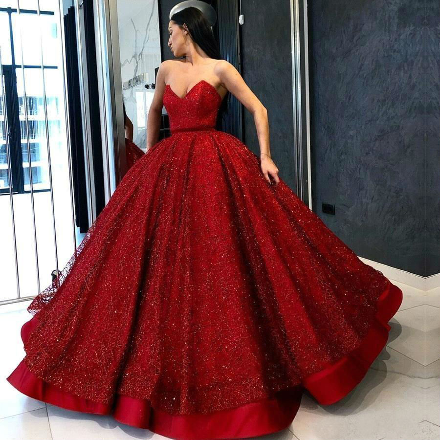 Gorgeous Red Quinceanera Prom Dresses Sweetheart Sequins Ball Gown Long Party Evening Dress with Ruffles Formal Pageant Gowns