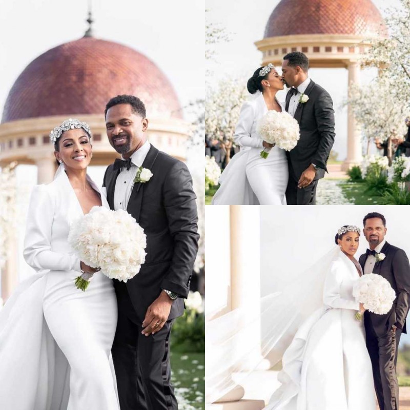 african long sleeve dresses with detachable train satin v neck boho robes de marie mermaid wedding gowns