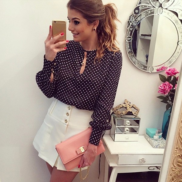Long Sleeve Slit Open Blouse Chiffon Hollow Sexy Casual Shirts Plus Size Women Tops Blusas Mujer Polka Dots Shirt Top B3