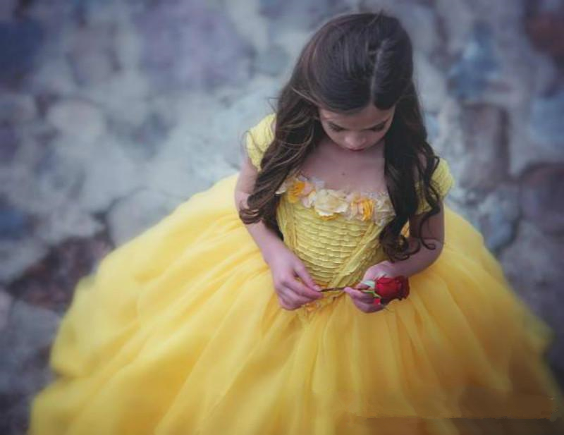 Princess Yellow Garden Flowers Girls Dresses Ball Gown Lace Chiffon Teens Pageant Dress Kids Formal Party Prom Gowns Robes De Fête