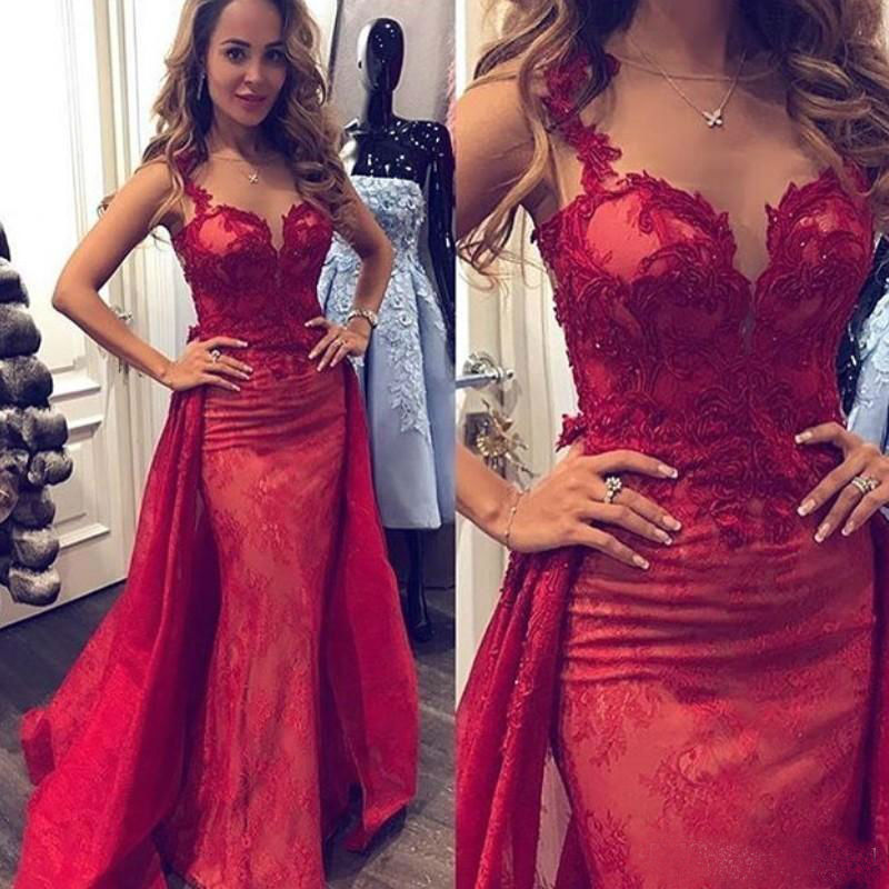 2019 New Designer Red Mermaid Prom Dresses Lace Appliques Sheer Neck Formal Dress Evening Wear Special Occasion Dresses Vestidos