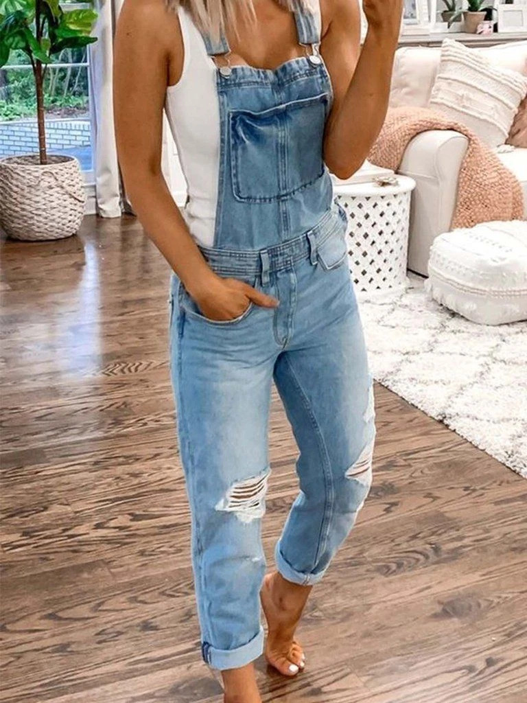 Spot Jumpsuits European spring and summer sports shoulder strap hole denim jumpsuit women's casual support mixed batch