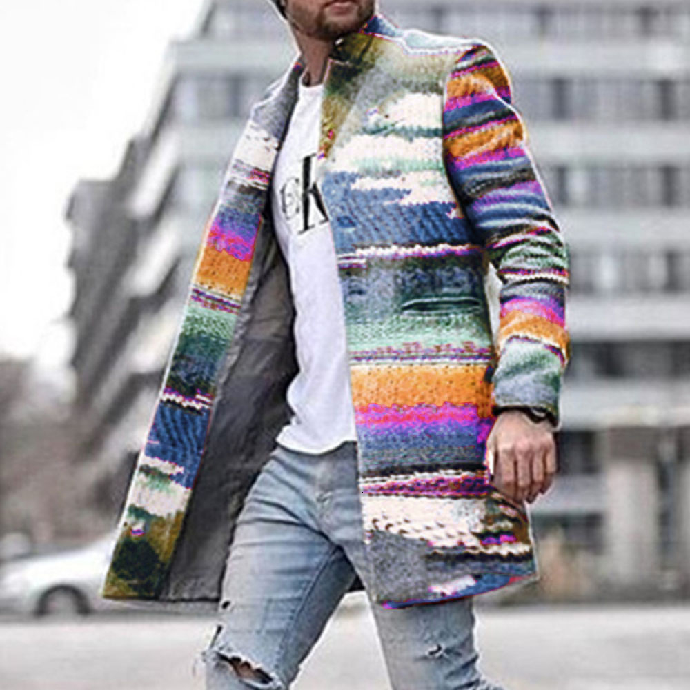 Men's Long Blazer Coats Office Overcoat 4XL Autumn And Winter Rainbow Print Long Warm Coat Men Plus Size Outwear Black Warm CJ191212