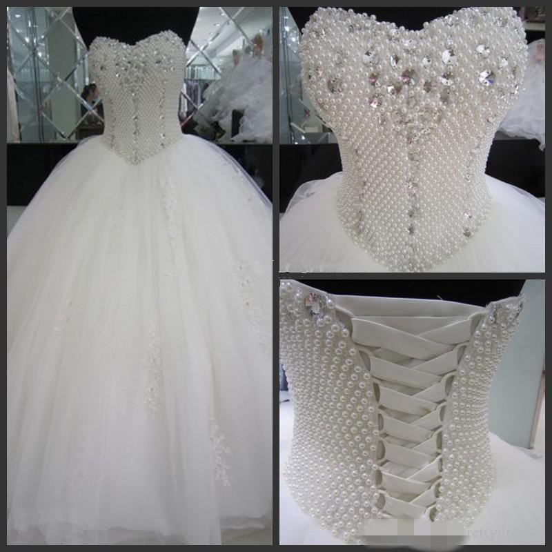 Crystal Beaded Balll Gown Dresses Sweetheart Neckline Pearls Corset Back Custom Made Wedding Bridal Gowns Vestido De Novia