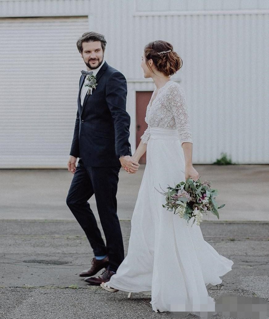 Gorgeous Boho Dresses Lace Chiffon Floor Length 3/4 Long Sleeves Custom Made Scalloped V Neck Country Beach Wedding Bridal Gown