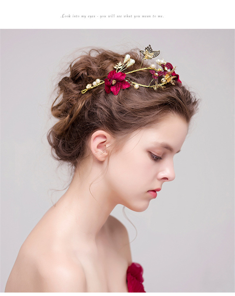 Vintage Wedding Bridal Tiara Burgundy Flower Crown Headband Rhinestone Hair Accessories Jewelry Headpiece Jewelry Rose Party Headdress Gift