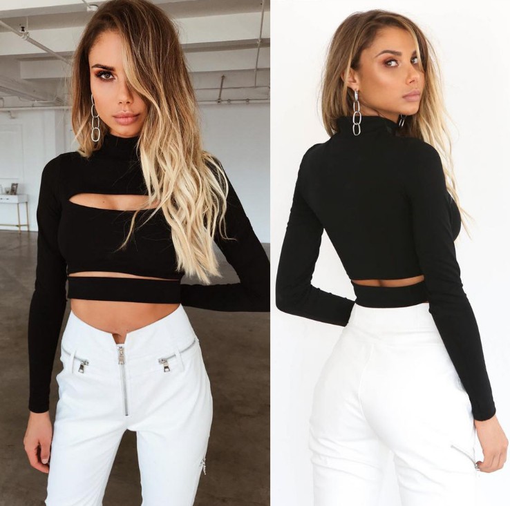 Sexy Women Long Sleeve Cut T Shirts Crop Tops Clubwear Fashion Ladies Summer Cotton Black Hollow Out Holes T-shirt Hot