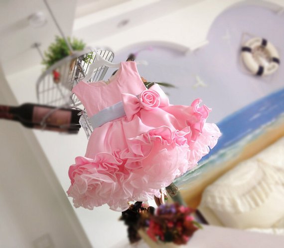 Pink Flowers Girls Dresses Jewel Ruffles Flower Toddlers Infants Baby Short Pageant Gowns Kids Princess Party Dress For Wedding