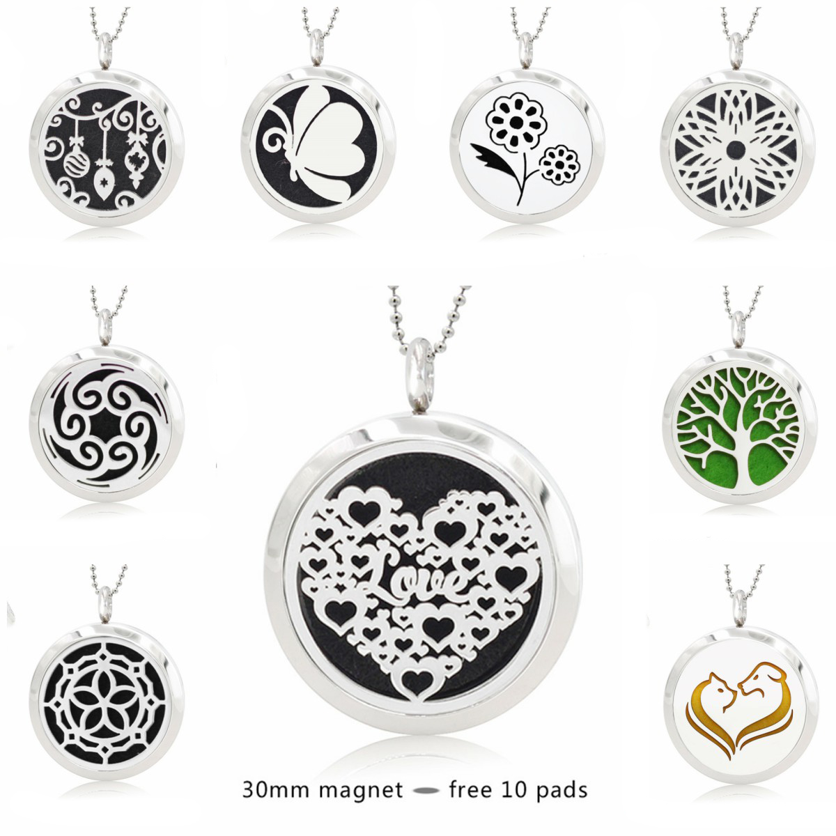 Love Heart butterfly tree 30mm Magnet Stainless Steel Diffuser Necklace Pendant Essential Oil Aromatherapy Perfume locket 10 Pads (no chain), Silver
Love Heart butterfly tree 30mm Magnet Stainless Steel Diffuser Necklace Pendant Essential Oil Aromatherapy Perfume locket 10 Pads (no chain), Silver