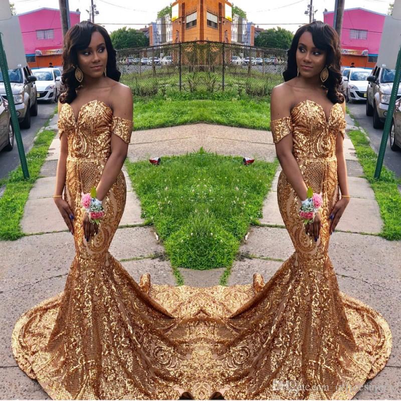 Reflective Gold Sequins Prom Dresses 2019 African Mermaid Off the Shoulder Prom Gowns Sweep Strain Formal Evening Party Dress Plus Size