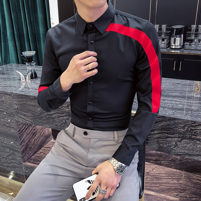 

Gzdeerax Red Splicing Mens Shirts Luxury Long Sleeve Spring Party Mens Dress Shirts Fashion Slim Fit Nightclub Male, Black