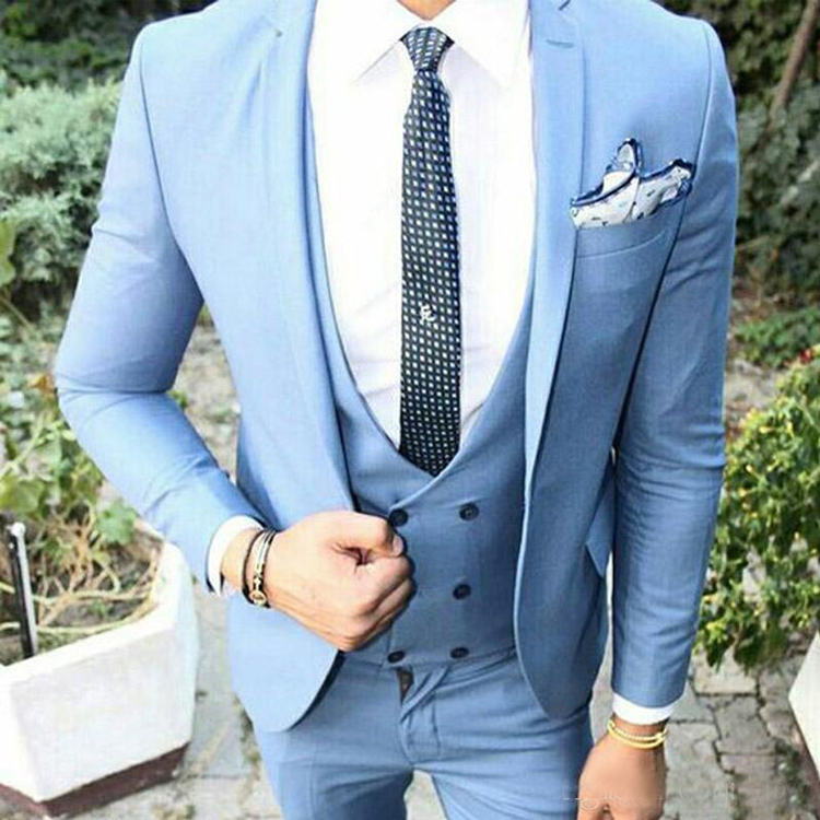 Handsome Blue Men Suits for Wedding Groom Tuxedos One Button Three Piece Slim Fit Jacket Pants Custom Made Groomsmen Wear Clothing