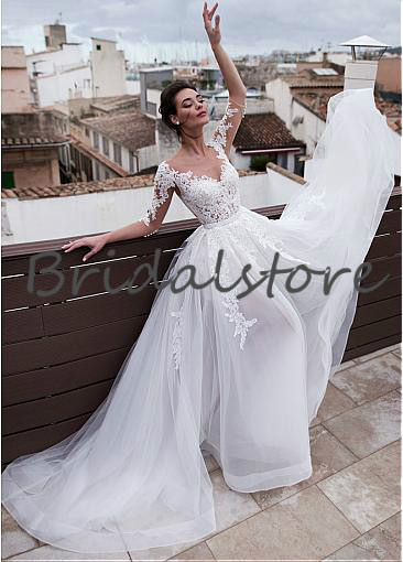 vintage 2 in 1 Short Wedding Dresses With Detachable Skirts Long Sleeve Sheer Neck Lace Button Back Country Bohemian Bridal Gowns Cheap 2019