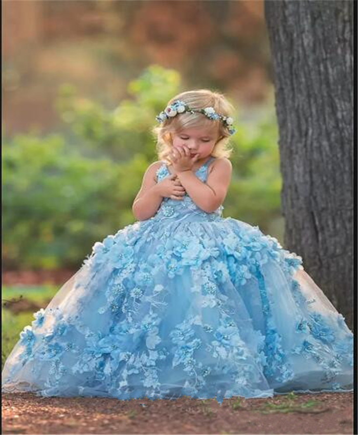 Blue Princess Flowers Girls Dresses For Wedding V Neck Backless Appliques Ball Gown Kids Pageant Gowns First Holy Communion Dress