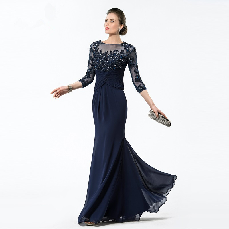 Long Navy Blue Mother Of The Bride Dresses 2019 Chiffon Beaded Appliques Bodice Sheer 3/4 Sleeves Mothers Evening Dresses
Long Navy Blue Mother Of The Bride Dresses 2019 Chiffon Beaded Appliques Bodice Sheer 3/4 Sleeves Mothers Evening Dresses