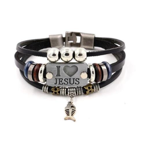I LOVE JESUS Charm Bracelets Vintage Fish Pendant Christian Multilayer Leather Bracelets for Mens Women Bangle GD115