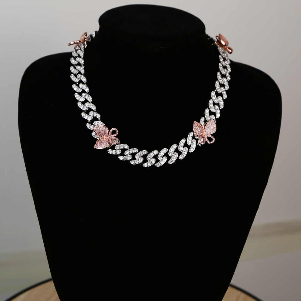 2024 iced out bling cz Miami cuban link chain PINK Butterfly charm choker necklace hip hop rock bling wide cool women jewelry