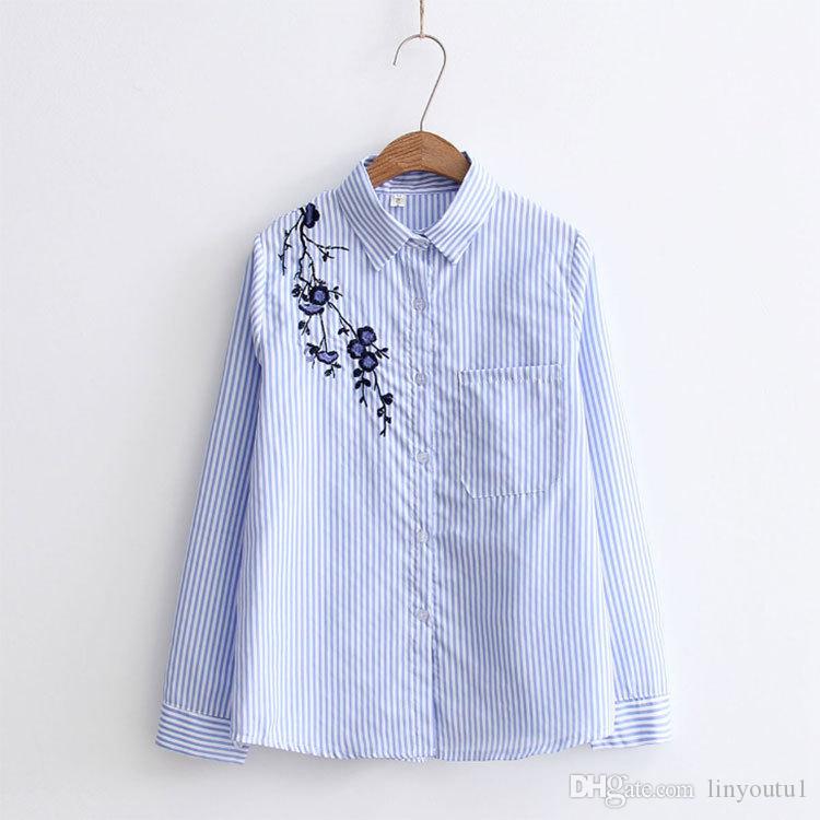 2020 Floral Embroidery Striped Blouse Women Long Sleeve Shirt And Tops Casual Cotton Plus Size 3XL Tops Office Lady
