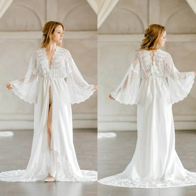 Sexy Illusion Wedding Robes Gown For Women V Neck Chiffon Trimmed Custom Long Sleeve Lingerie Bridal Sleepwear Nightgown Bathrobes