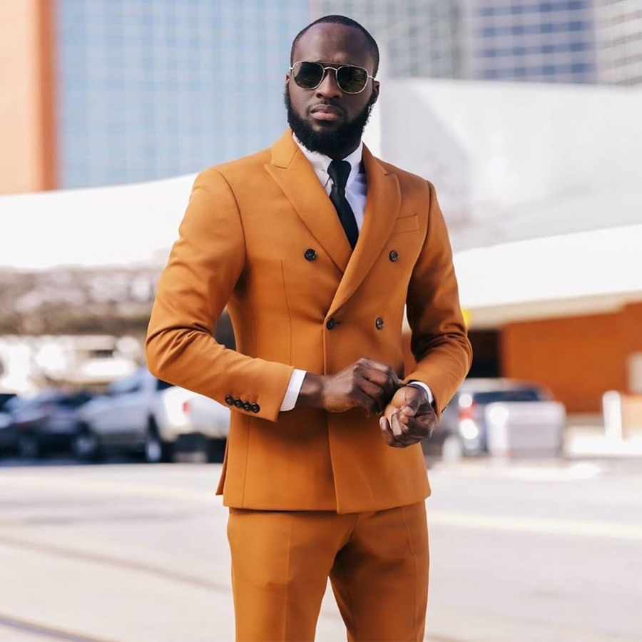 Fashion Gold Slim Fit Mens Suits Wedding Grooms Tuxedos Peaked Lapel Formal Blazer Cheap Double Breasted Prom Suit (Jacket+Pants)