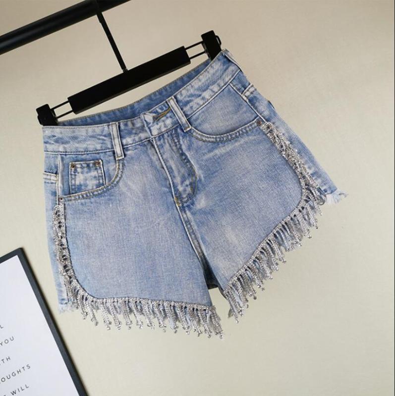 Rhinestone tassel high waist denim 2020 women summer fashion diamonds heavy work wide leg jeans shorts q631