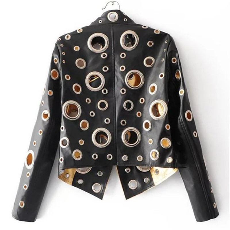 European and American Fashion Stand Collar pu Jacket Coat Loose Bright openwork Metal Ring Decoration pu Jackets Coats Black XL