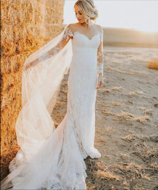 country boho mermaid wedding dresses sexy long sleeve lace appliqued bridal gowns sheer nigerian arabic marriage dress robe de mariee