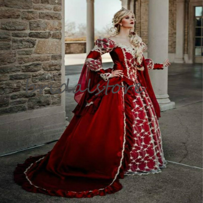 Fantasy Red Queen Gothic Wedding Dresses Halloween Medieval Country Garden A Line Wedding Dress With Lace Long Sleeves Corset Bridal Gowns
