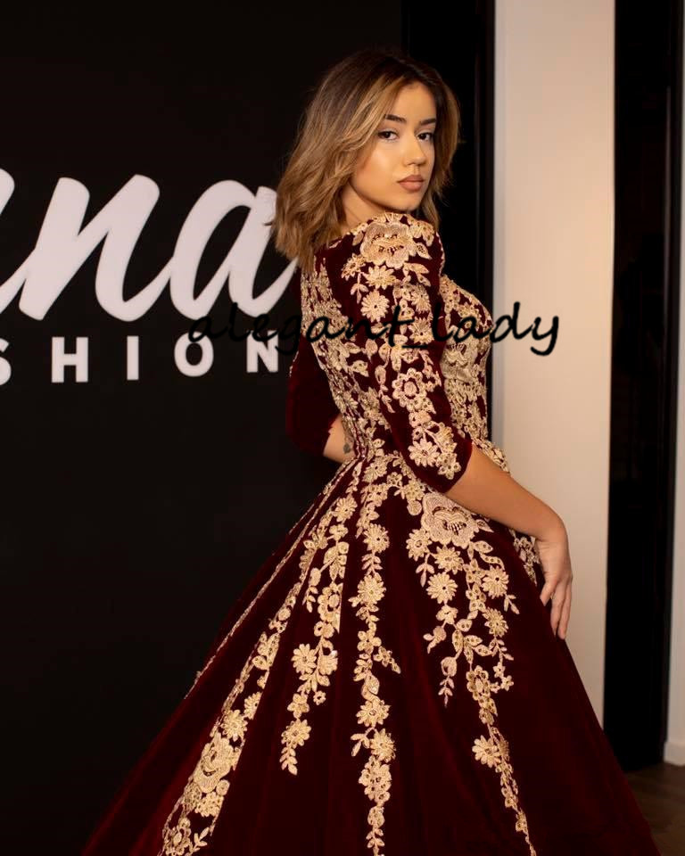 Burgundy Velvet Kaftan Caftan Evening Formal Dresses with Half Sleeve 2019 Gold Luxury Lace Applique Arabic Dubai Abaya Occasion Prom Gown