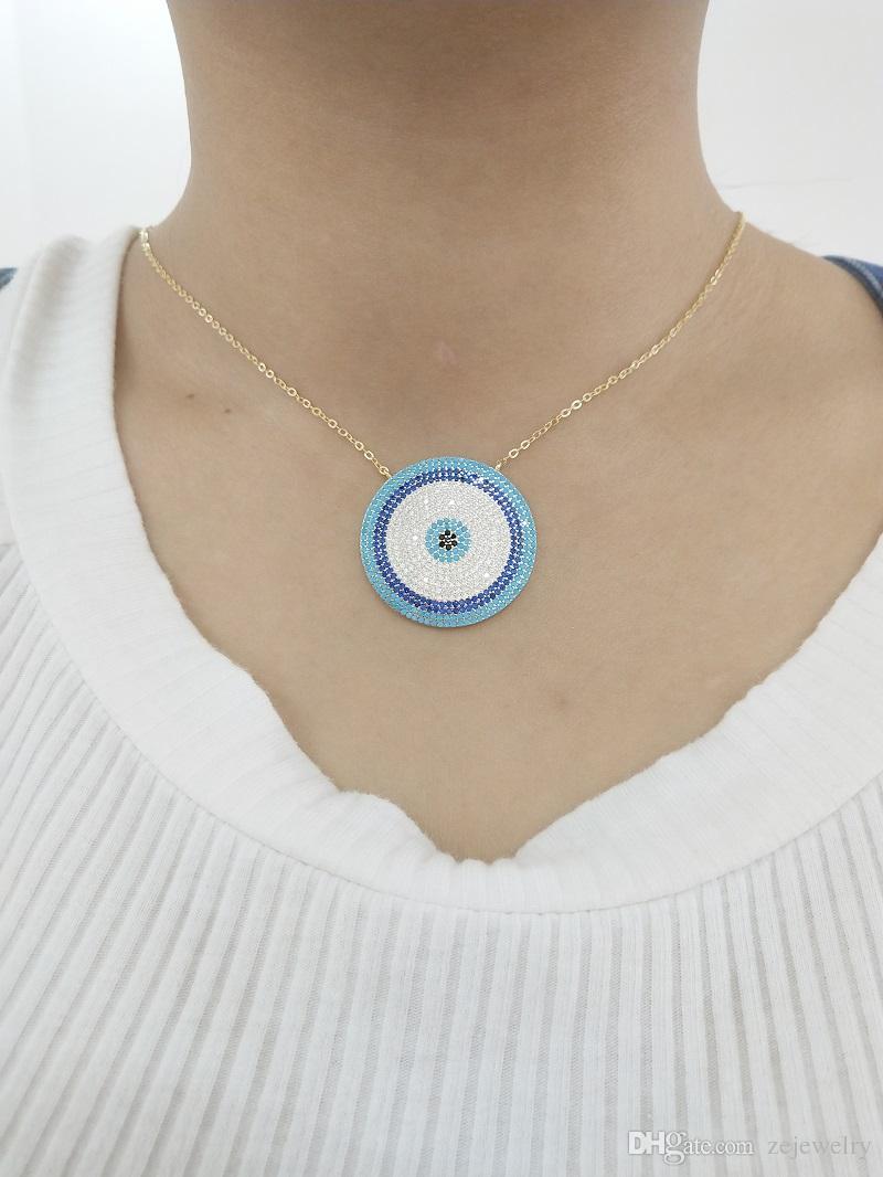 Big round charm Silver Charm Micro pave shiny zirconia Lucky Blue Eye Necklace Elegant cute Women Girl Exquisite Gifts Jewelry
