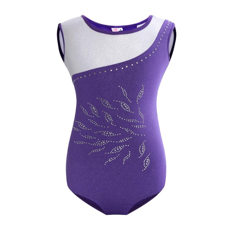 Stage Wear Girls Gymnastics Leotard Sleeveless Rhinestones Foil Printing Shinny Professional Gymnastic