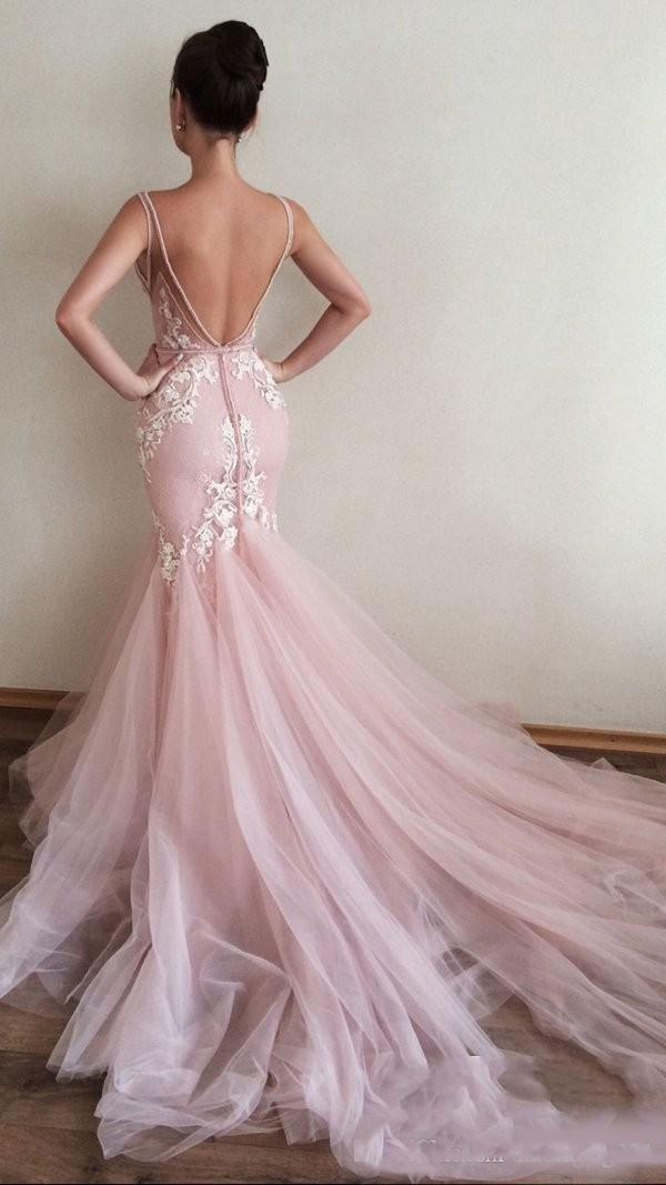 Amazing V-neck Pink Prom Dresses Appliques Court Train Mermaid Evening Dresses Vestidos de Festa Special Occasion Dresses