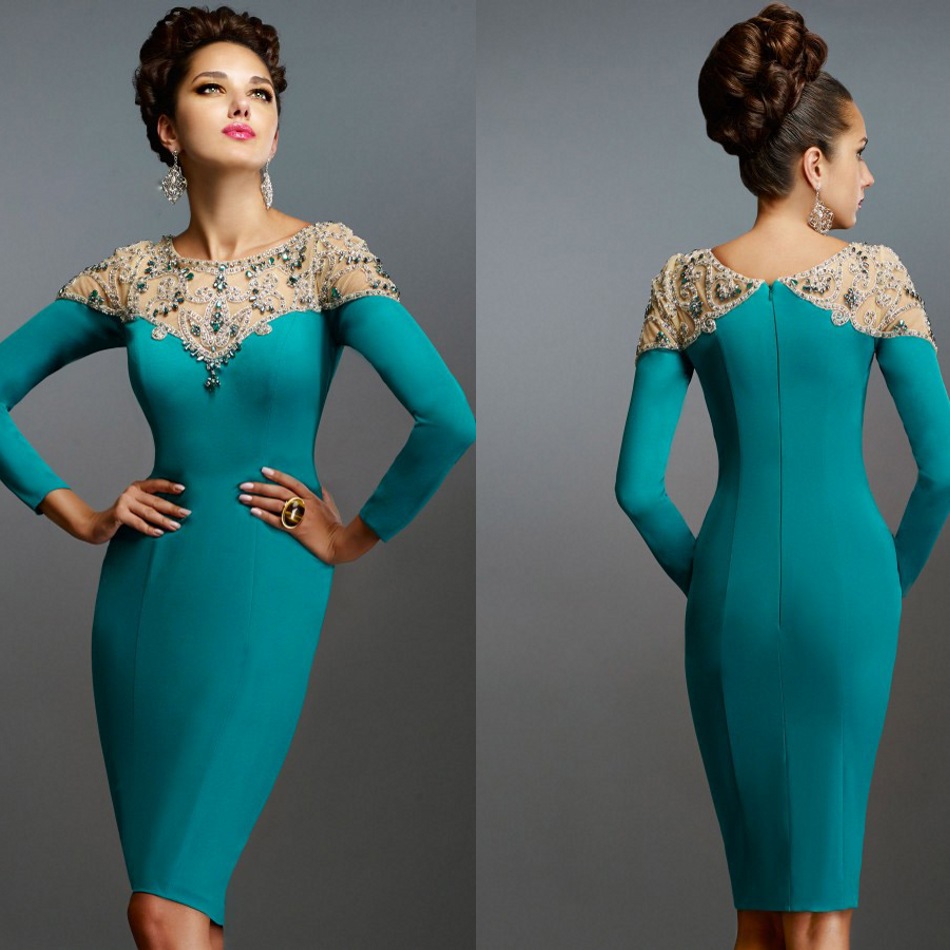 Elegant Janique Sheath Mother of The Bride Dresses Jewel Long Sleeve Crystal Wedding Guest Dress Knee Length Evening Gowns