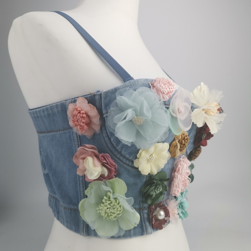 Women Blue Denim Multicolor Floral Embroidery Bralette with Colorful Three-Dimensional Cups and Flowers Appliques Fashion Crop Top Tube Top