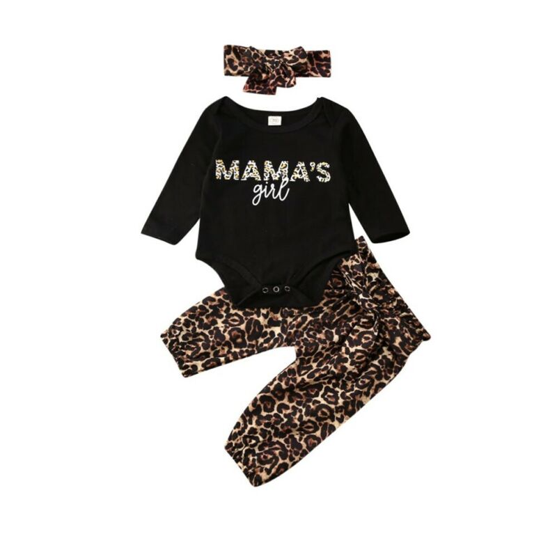 3Pcs Baby Girl Long Sleeve Top Romper Leopard Pants Headband Outfit Sets, As pic
