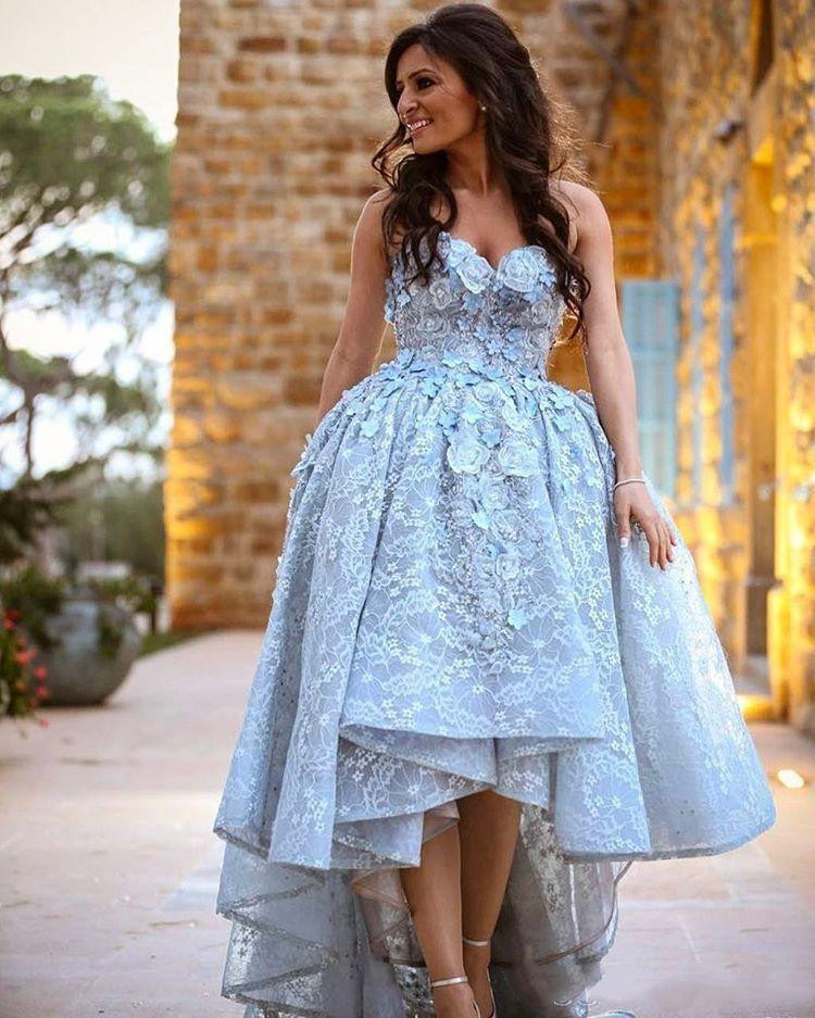 Hi Lo Light Blue Prom Dresses Sweetheart Lace Ruffle Plus Size Evening Gowns Strapless 2020 Party Dress