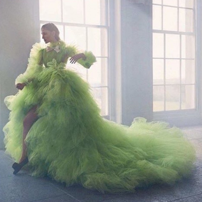 robe de soiree Arabic Evening Dresses green Long Modest Formal Dresses Dubai Tiered Tulle Hi Low Evening Gowns Elegant Long Sleeves