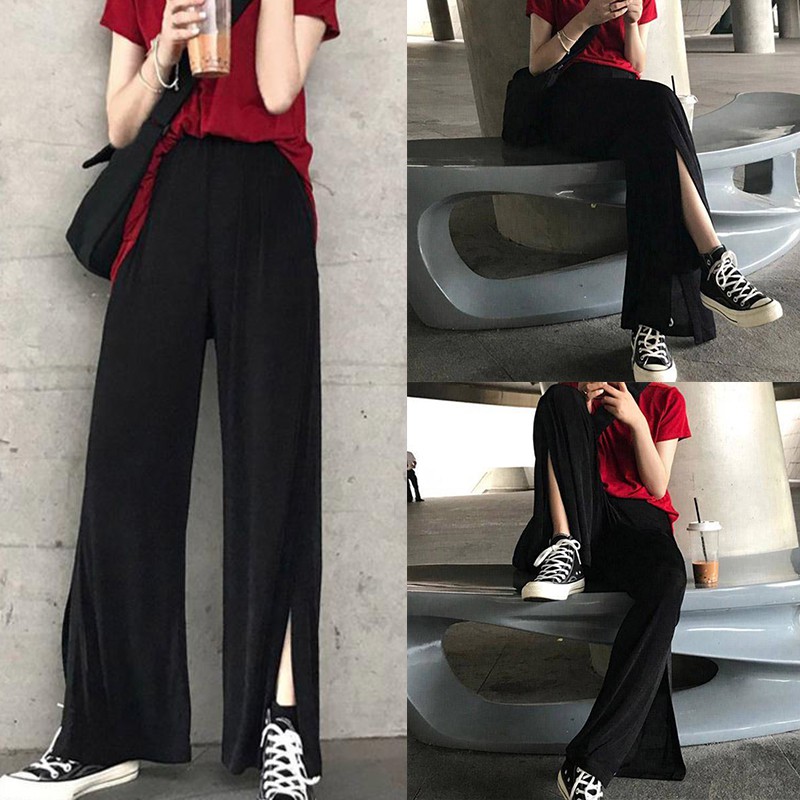 Women Casual Pants Lady Loose High Waist Wide Leg Pants Elastic Button Closure Solid Split, Black
Women Casual Pants Lady Loose High Waist Wide Leg Pants Elastic Button Closure Solid Split, Black