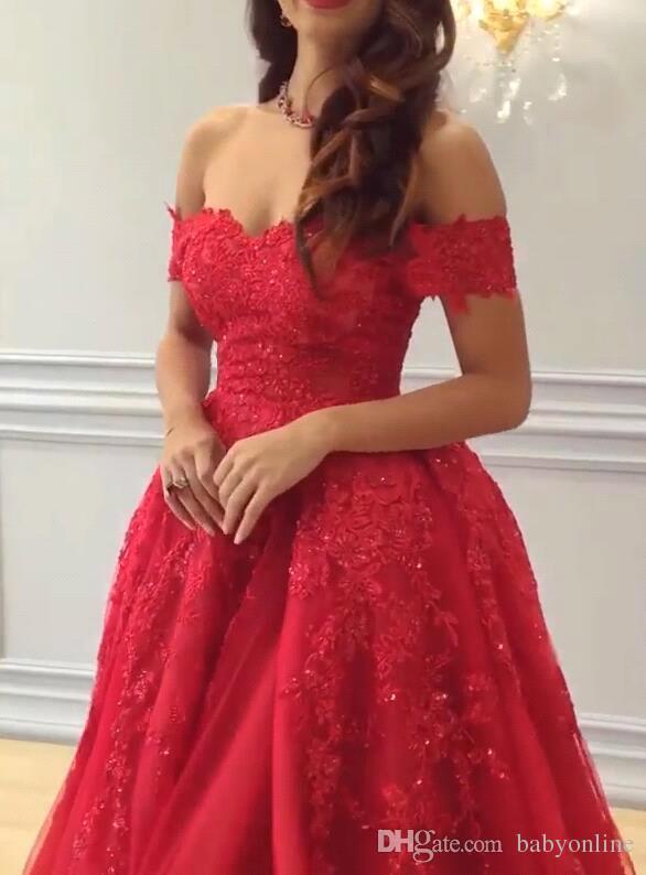 Gorgeous Red Arabic Formal Evening Dresses Off Shoulders A Line Tulle Lace Appliqued Beaded Prom Dress Red Carpet Dress Wear Custom Made