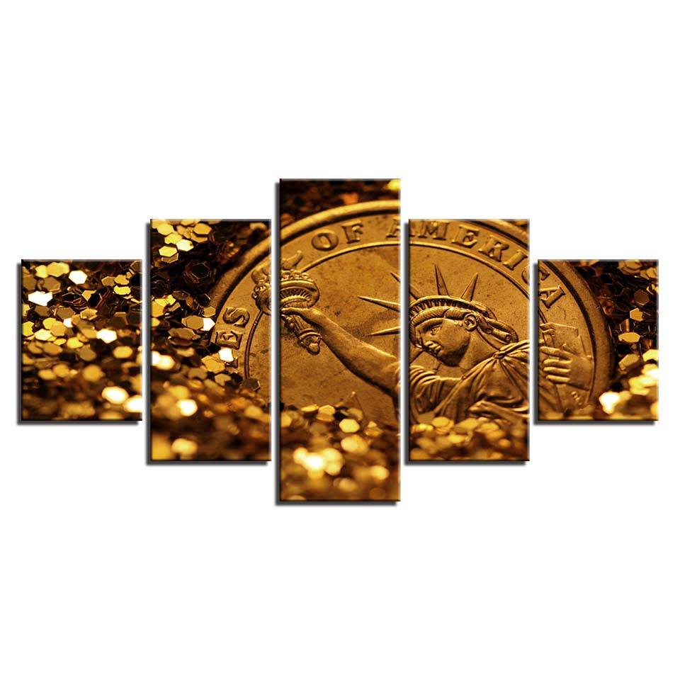 Modular Canvas Wall Art Pictures 5 Pieces Glittering Gold Painting Living Room Decor HD Print Statue Of Liberty Poster(No Frame)